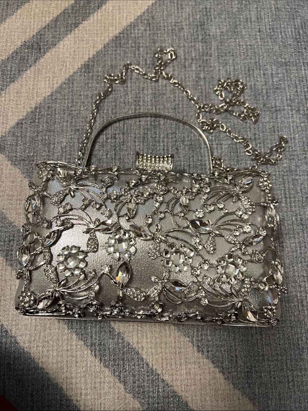 Silver Jeweled Evening Clutch with Chain Strap
